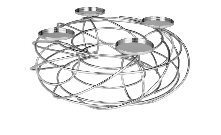Adventskranz 35 cm von Justinus Bestecke: Moderner silberfarbener Metall-Kerzenhalter mit 4 runden Dekorationen.