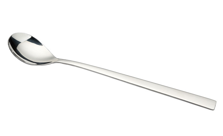 Der Justinus Bestecke Longdrinklöffel Fusion ist ein glänzender, silberner Edelstahllöffel mit einem langen, geraden Stiel.
