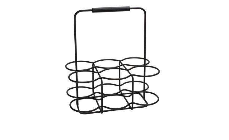 Flaschenträger LifeStyle von Justinus Bestecke, schwarz, Metall, für 6 Flaschen, mit Griff, auf weißem Hintergrund.