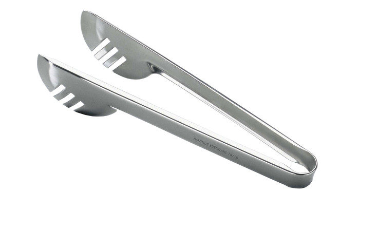 Servierzange Opal von Justinus Bestecke, silberfarben mit Schlitzen, ideal zum Servieren, auf weißem Hintergrund.
