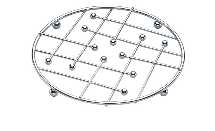 Der Topfuntersetzer LifeStyle von Justinus Bestecke ist ein runder, silberner Metalluntersetzer mit Stegen und kleinen Füßen für eine stilvolle Dekoration.