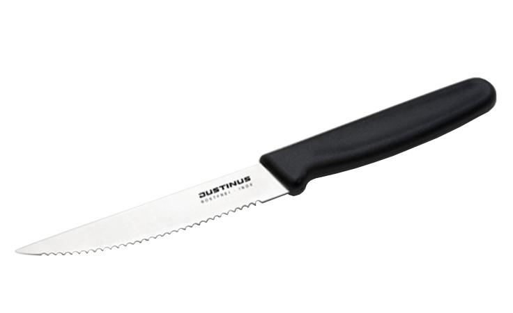Das Justinus Bestecke Steakmesser FineCut ist ein Wellenschliffmesser mit schwarzem Griff und Klinge aus rostfreiem Stahl.