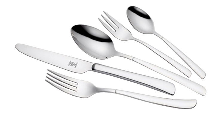 Fünf Stücke aus dem Justinus Bestecke Menübesteck Ventana 30-tlg. in Silbermetall gefasst, auf weißem Hintergrund dargestellt.