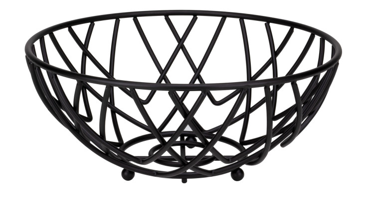 Obst-/Dekokorb LifeStyle von Justinus Bestecke, matt schwarz, offen & geometrisch, runder Boden, vor weißem Hintergrund.