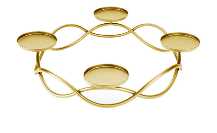 Justinus Bestecke Adventskranz 27,5 cm: goldener Kerzenhalter mit vier Plattformen und gewellten Stäben für eine stilvolle Dekoration.