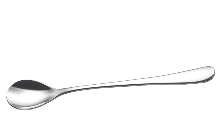 Ein einzelner Latte-Macchiato-Löffel Opal von Justinus Bestecke in silberfarben, auf weißem Hintergrund.