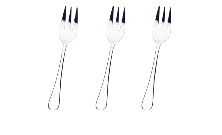 Drei Kuchengabeln Opal 3er-Set von Justinus Bestecke, silberfarben, vertikal angeordnet auf weißem Hintergrund.