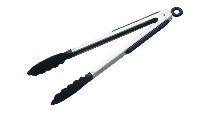 Justinus Bestecke Servier- / Bratenzange Opal, silberfarben mit schwarzen Silikonspitzen, auf weißem Hintergrund.