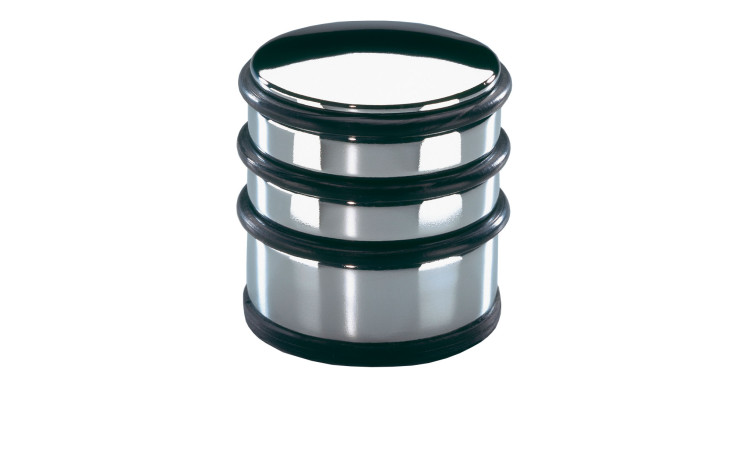 Der Türstopper LifeStyle von Justinus Bestecke ist ein silbern glänzender Zylinder mit drei schwarzen Ringen und einem flachen Deckel.