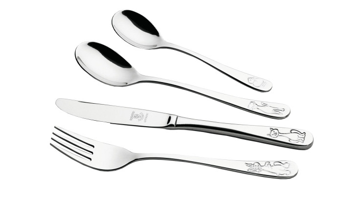 Das Justinus Bestecke Kinderbesteck Meine Tiere 4-tlg.-Set zeigt Tiergravuren auf silberfarbenen Griffen.