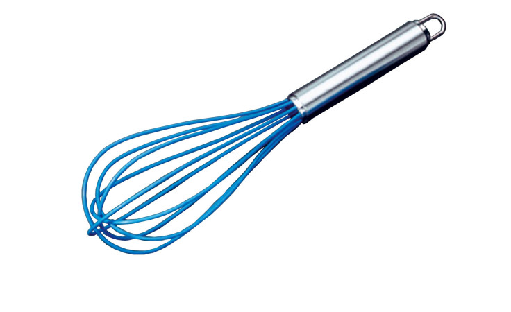 Der Justinus Bestecke Schneebesen ProfiLine hat einen Metallgriff und blaue Silikondrähte auf weißem Grund.