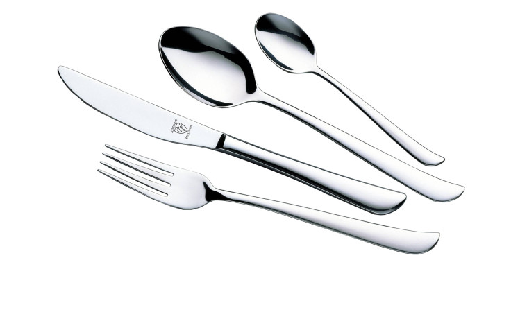 Vier Stücke aus dem Justinus Bestecke Menübesteck Twist 30-tlg. auf weißem Hintergrund.