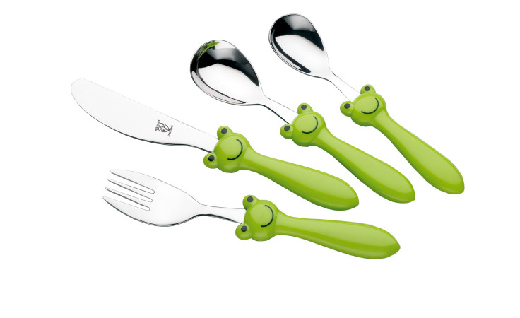 Justinus Bestecke Kinderbesteck Frosch 4-tlg.: silberfarben, grüne Froschgriffe, Messer, Gabel, 2 Löffel.