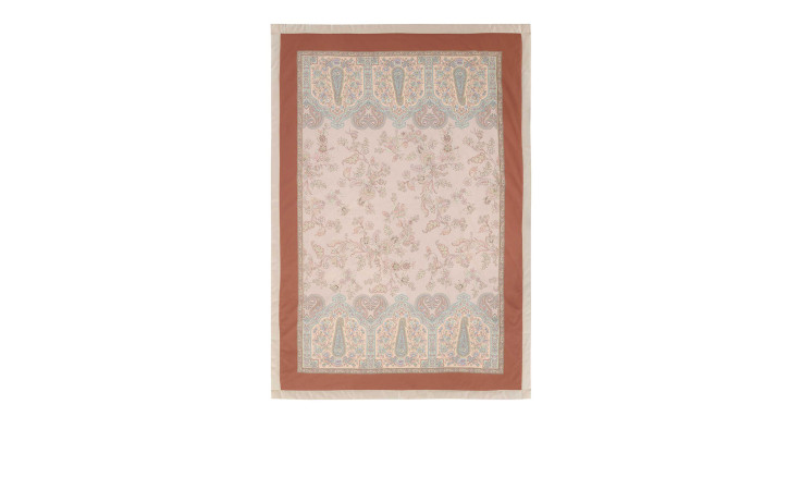 Plaid Indian Roses von Bassetti, 135 x 190 cm: Naturfaser, Blumenmuster, rosa Mitte, braun-beiger Rand.