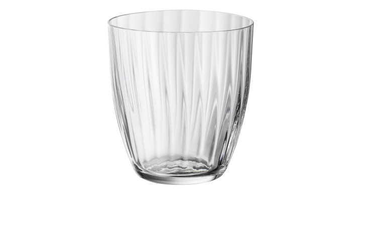 Der Becher Georgia 260ml, ein transparentes Glas mit vertikalen Rippen, steht auf einem weißen Hintergrund.