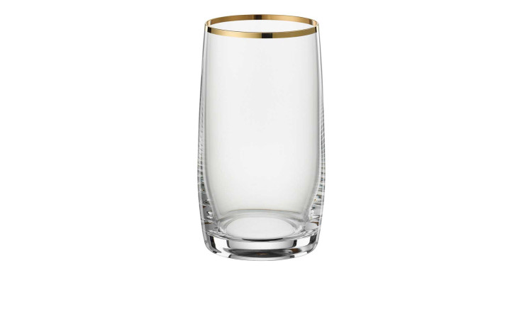 Der Longdrinkbecher Simply 380 ml ist ein transparenter, hoher Glasbecher mit einem dicken Boden und goldfarbenem Rand.