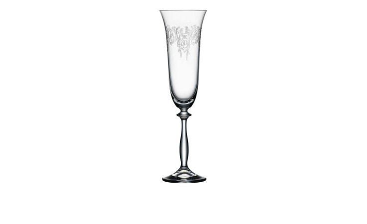 Sektglas Romance 190 ml, transparent, 25 cm hoch, mit geätztem Blumenmuster am Rand und schlankem Stiel.