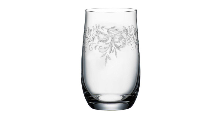 Der Becher Romance 380 ml ist ein transparentes, 13 cm hohes Glas mit einem verschnörkelten, mattierten Blumendekor im oberen Bereich.