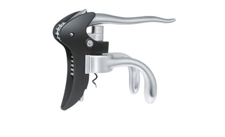 Der Korkenzieher Vitesse, ein Hebel-Weinflaschenöffner in Silber und Schwarz, ist auf weißem Hintergrund abgebildet.