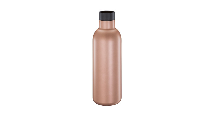 Isoliertrinkflasche Deluxe 650 ml in matt rosegold, Edelstahl, schwarzer Deckel, auf weißem Hintergrund.