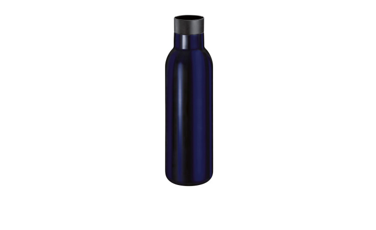 Isoliertrinkflasche Deluxe 450 ml in dunkelblau, 23 cm Edelstahl mit schwarzem Deckel auf weißem Hintergrund.