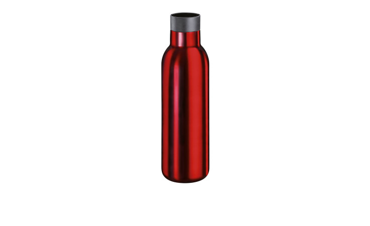 Eine leuchtend rote Isoliertrinkflasche Deluxe 450 ml, 23 cm hoch mit einem grauen Deckel, auf weißem Hintergrund.