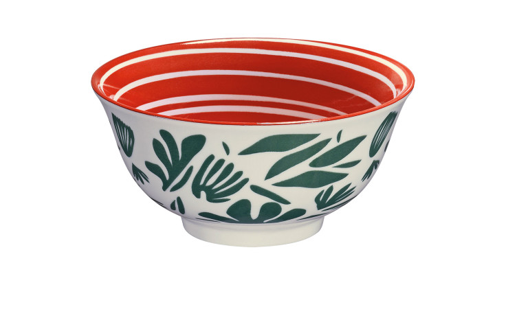 Bowl Amici: Mehrfarbiges Porzellan mit Blättermuster außen, innen rot-weiß gestreift auf weißem Grund.