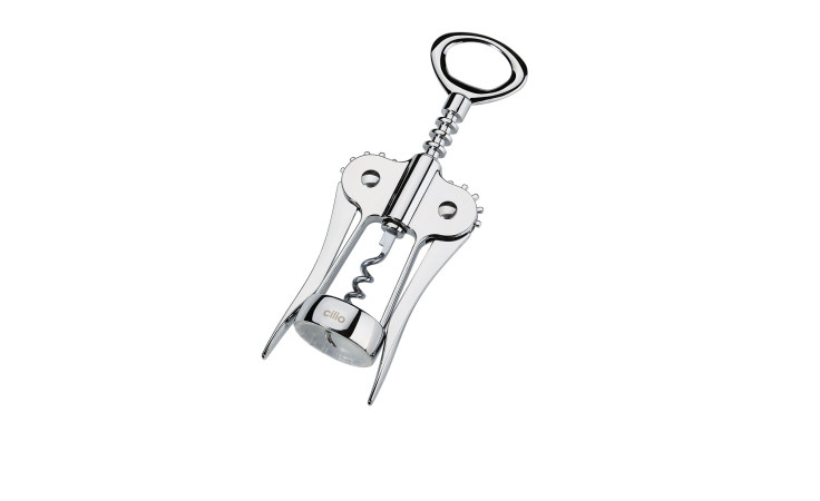 Der Flügel-Korkenzieher Vino ist ein silberfarbener Metallkorkenzieher, 18 cm lang, mit Hebeln und einem runden Griff.