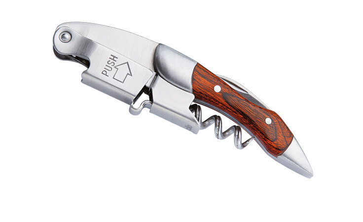 Der Kellnermesser Legno ist ein silberfarbener Metallkorkenzieher mit Holzgriff und PUSH-Hebel auf weißem Grund.