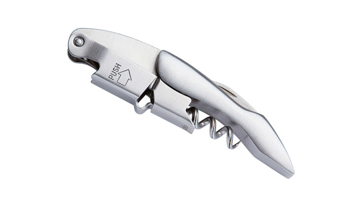 Das Kellnermesser Classic ist ein silberfarbener Edelstahl Korkenzieher und Flaschenöffner mit einem faltbaren Design.