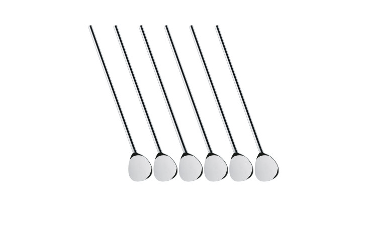 Cocktaillöffel-Set 6-tlg: Sechs silberfarbene Edelstahl-Löffel mit 20 cm Griff, nebeneinander auf weißem Hintergrund.