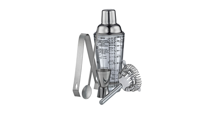 Bar-Set Cosmopolitan aus silberfarbenem Edelstahl mit Tongs, Strainer, Jigger, Barlöffel und Muddler.