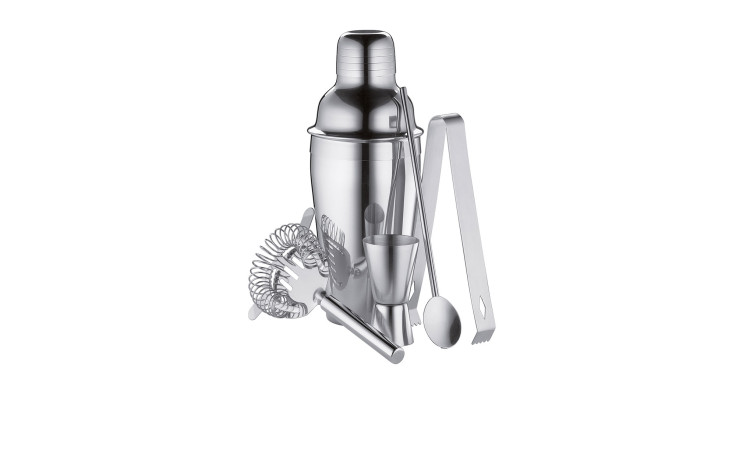 Bar-Set 5-tlg.: Edelstahl-Shaker mit Sieb, Jigger, Löffel, Zange & Stößel auf weißem Hintergrund.