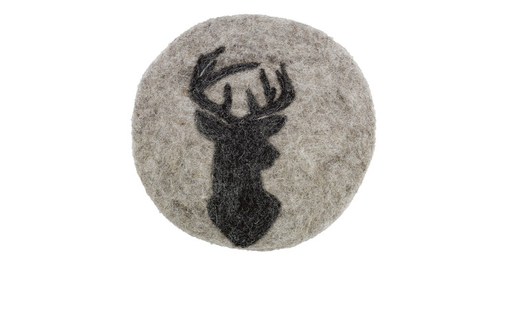 Untersetzer Lana 21 cm, grauer Filz aus Schafwolle, mit schwarzem Hirschkopf auf weißem Hintergrund.