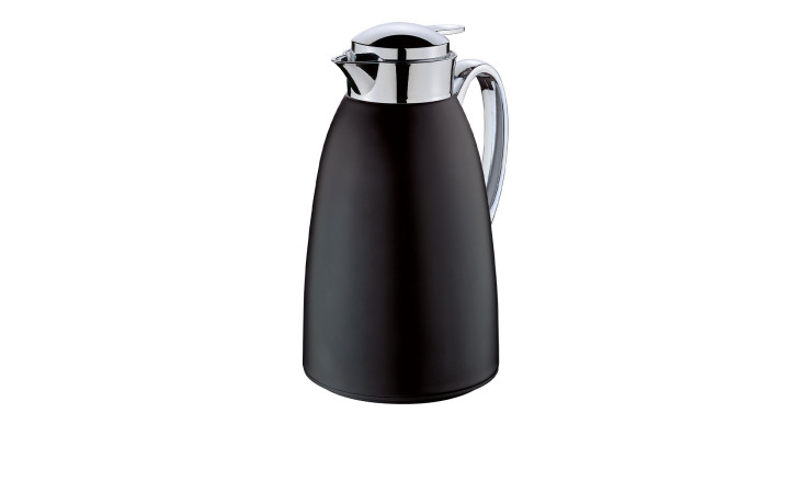 Isolierkanne Venezia 1 l, schwarz matt & silberfarben, Edelstahl mit Griff und Ausguss auf weißem Hintergrund.