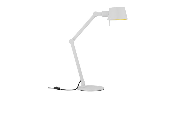 Tischleuchte Medo 39 cm von B-Leuchten: moderne weiße Eisenlampe mit rundem Sockel und sichtbarem schwarzem Kabel.