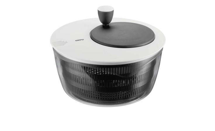 GEFU Salatschleuder Rotare, 25 cm, klarer Kunststoff mit weißem Deckel, schwarzem Griff und Innenkorb auf weißem Grund.