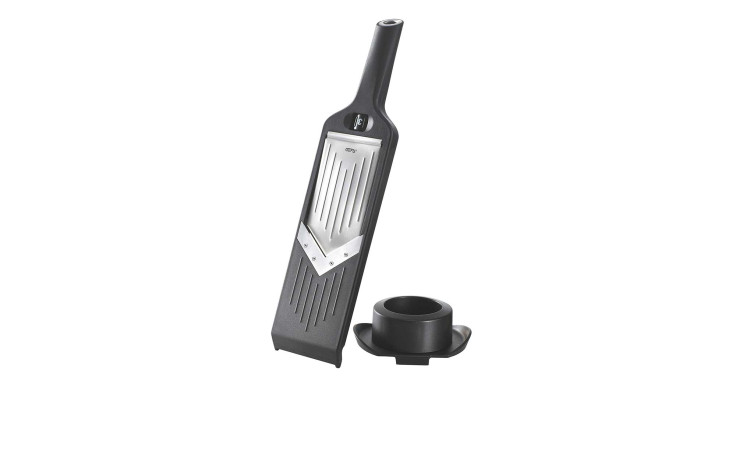 Elegantes schwarz-silbernes GEFU V-Hobel Violi® Mandolinenschneidgerät mit Kunststoffhalter auf weißem Hintergrund.