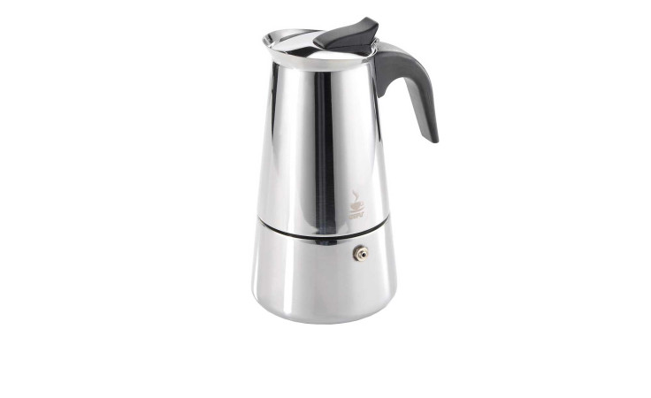 GEFU Espressokocher Emilio, 2 Tassen, mit schwarzem Kunststoffgriff und -deckel auf weißem Hintergrund.