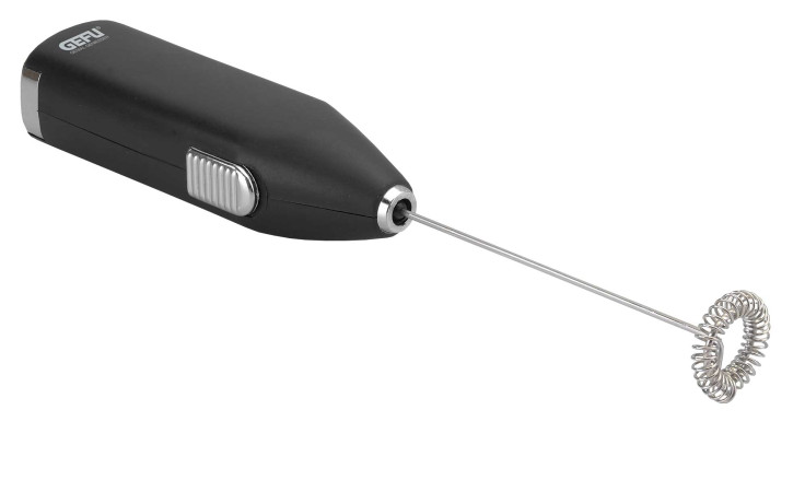 Der GEFU Milchaufschäumer Fino ist ein handgeführter Milchaufschäumer mit schwarzem Kunststoffgriff und Metall-Spiralschneebesen.