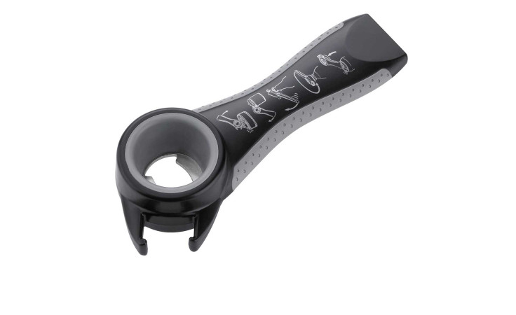 GEFU Multifunktionsöffner Aperto, schwarz/grau mit illustrierter Anleitung am Griff, abgebildet auf weißem Hintergrund.