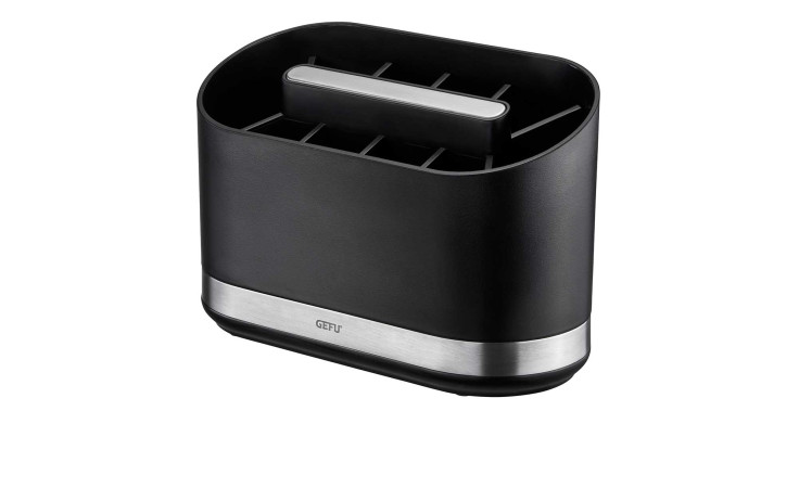 GEFU Utensilienbehälter Smartline in schwarz-silber mit Metallschlitzen für mehrere Messer, vor weißem Hintergrund.