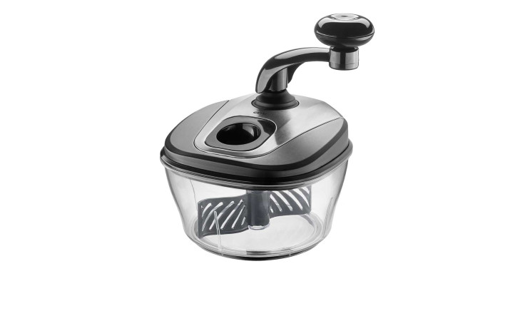 GEFU Multizerkleinerer Spino Handzerkleinerer mit klarer Kunststoffschale, schwarzem Deckel und Handkurbel auf weißem Hintergrund.