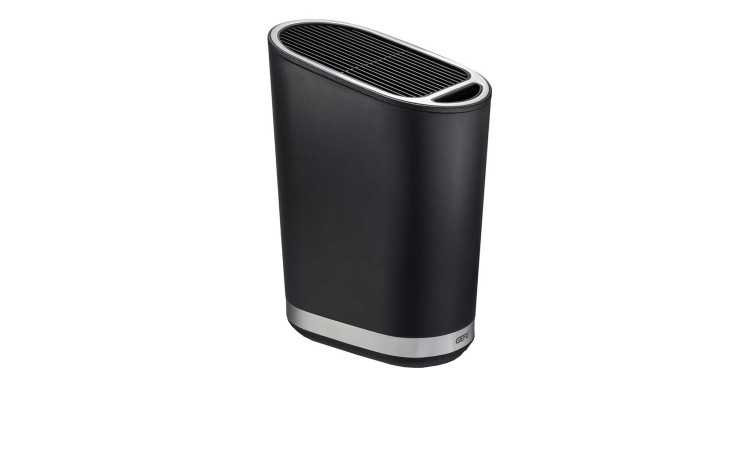 Schwarzer und silberner GEFU Messerblock Smartline mit ovalem Körper und belüftetem Deckel, abgebildet auf weißem Hintergrund.