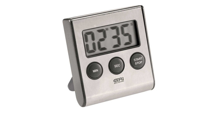 GEFU Digital-Timer Contare in Silber und Schwarz zeigt 02:35 mit MIN-, SEC- und START/STOP-Tasten.