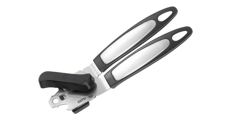 Der GEFU Zangen-Dosenöffner Zenga ist ein silber-schwarzer, handlicher Dosenöffner mit zwei langen Griffen und einem Drehknopf.