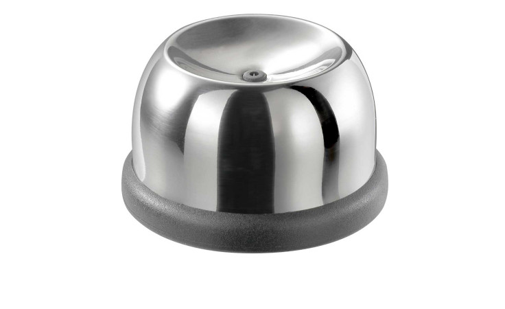 Ein glänzendes GEFU Eier-Piekser Perfo mit schwarzem Sockel, dargestellt auf weißem Hintergrund.