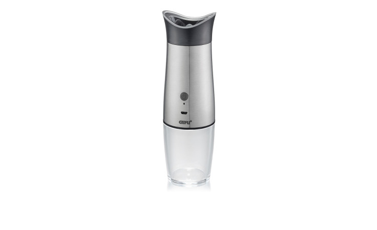 Die GEFU Salz- oder Pfeffermühle Velo ist eine elektrische Kaffeemühle aus Edelstahl mit schwarzem Deckel und transparentem Boden.