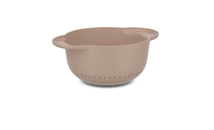 Beige Mepal Seiher Accessoires Chef it 16,3 cm Sieb mit zwei Griffen und Abflusslöchern, auf weißem Hintergrund.