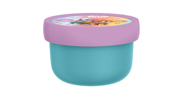 Die Mepal Fruchtbox Campus Paw Patrol Girls 300 ml hat einen blauen Körper und einen rosa Deckel mit niedlichen Tier- und Blumenmotiven.
